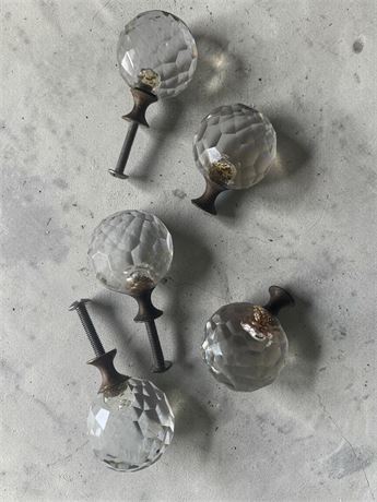Clear Faceted Glass Crystal Ball Cabinet Knobs W/Metal Base & Screw
