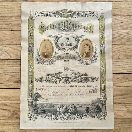 Antique 1879 Ohio Marriage Certificate (Unframed) - 14.25 x 20"