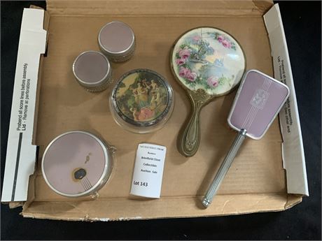 Vintage Vanity Beauty Lot - Hand Mirror, Brush, Powder Jars, Victorian Cream Jar
