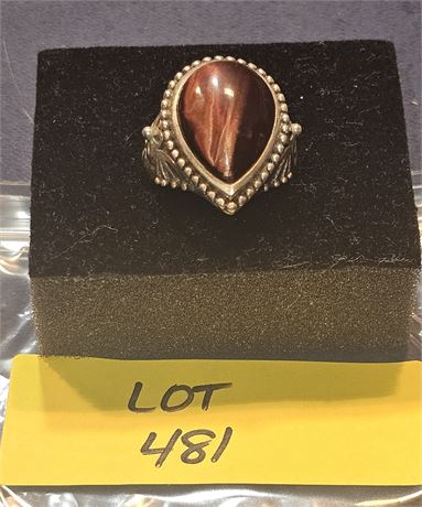 Sterling Sz 10 Teardrop Red Cat Eye Ring