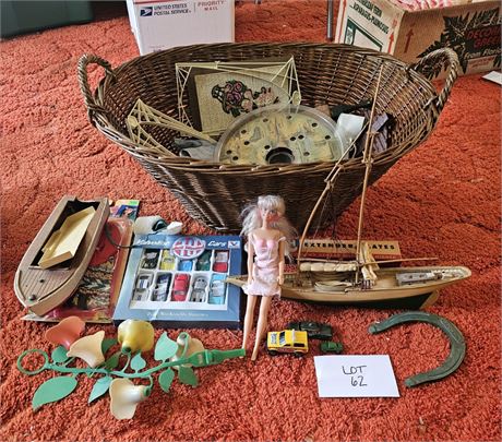 Vintage Mixed Toy Lot- Barbies, Doll Clothes, Marble Maze, Toy Cars, Model Boats