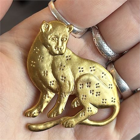 MMA Signed Leopard Gold Tone Brooch, 2"H