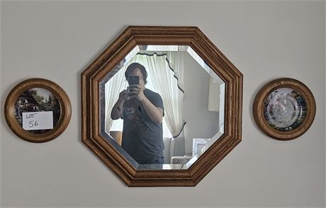 Beveled Wood Octagon Shape Wall Mirror With Framed Franklin Mint Cottage