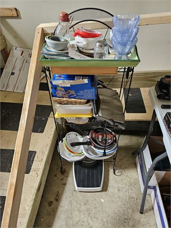 Mixed Kitchen Lot- Grittle, Serving Bowls, Wilton, Plastic Storage & Metal Shelf
