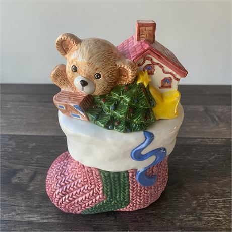 Enesco Christmas 2-Piece Ceramic Teddy Bear Stocking Christmas Cookie Jar