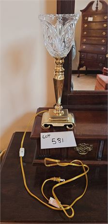 Brass Torchiere Table Lamp with Cut Crystal Shade - 15" H