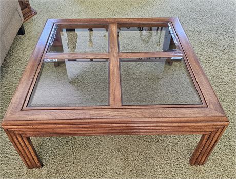 Mid Century 40" Square Glass/Wood Coffee Table