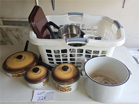 Mixed Pots & Pans- Enamelware Groovy Floral Pans, Revere Ware & More