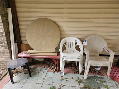 Outdoor Patio Lot: Plastic Chairs / Tan Plastic Outdoor Table / Red Bench