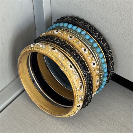Collection of Old Wood, Leather & Metal Embellished Bangle Bracelets