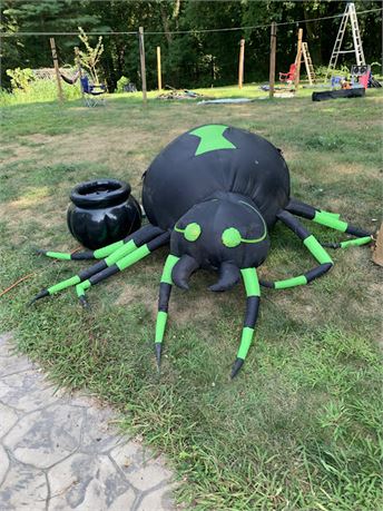 Inflatable Neon Green and Black Striped Spider & Caldron Halloween Yard Decor