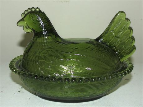 Indiana Green Glass Hen on Nest