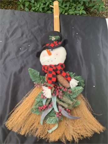 Winter Holiday Snowman With Checked Scarf On Broomstick Door Or Wall Decoration