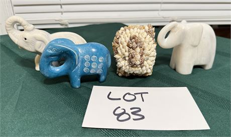 Mixed Elephant Figurine Lot Ceramic, Pakistan Onyx, Soapstone, Seashell