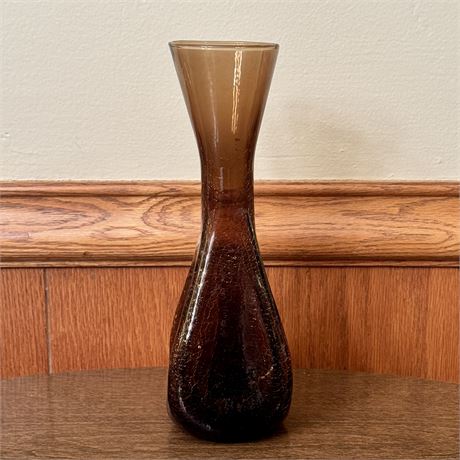 Mid Century Crackled Deep Amber Glass Pinched Vase (Blenko?) - 9"T