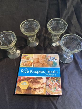 Rice Krispie Treats Cookbook and Set of 4 Clear Glass Sundae Dishes Or Cups