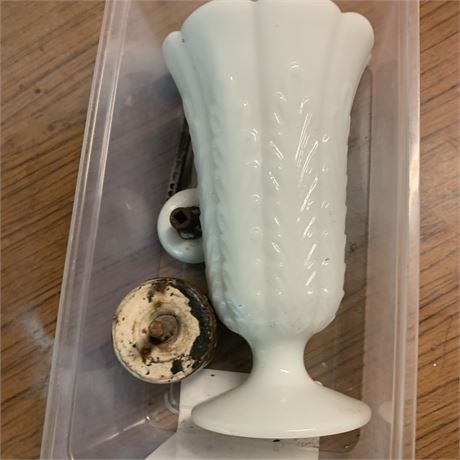 E.O. Brody Milk Glass Vase & Vintage Door Knob Lot