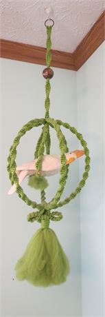 Green Macramé Hanging Planter With Ceramic Parrot
