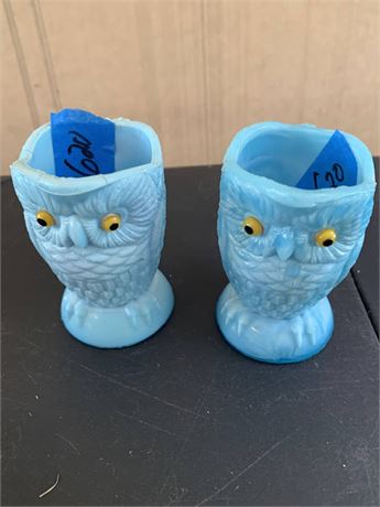 Vintage Blue Milk Glass Owl Creamers Pair