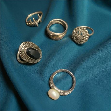 Vintage Ring Lot of 5 - Faux Pearl, Heartbeat Ring, Trinity Ring & More