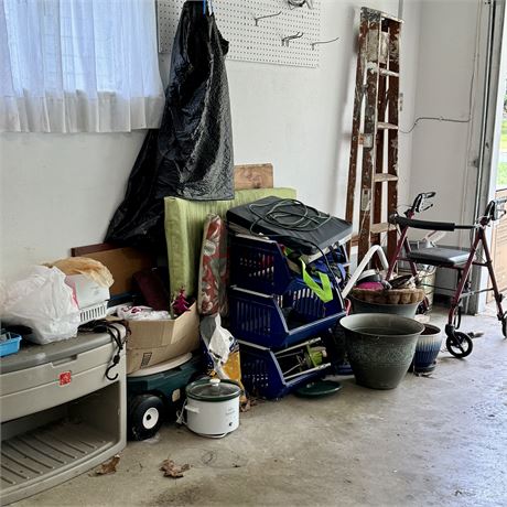 Garage Cleanout - Left Side - Storage, Planters, Ladder, Misc.