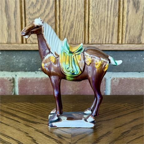 Vintage Chinese Tang Dynasty Ceramic War Horse Figurine - 6"T