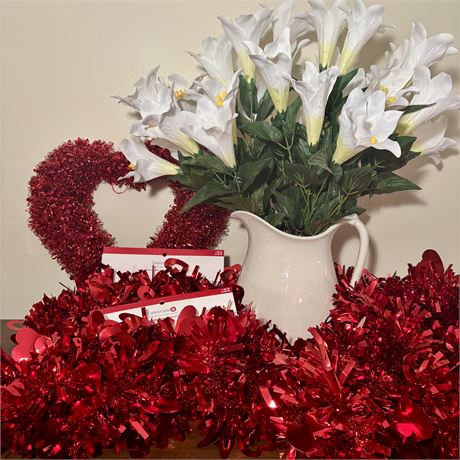 New Valentines Day Decor and Ceramic Pitcher w/ Artificial Flowers