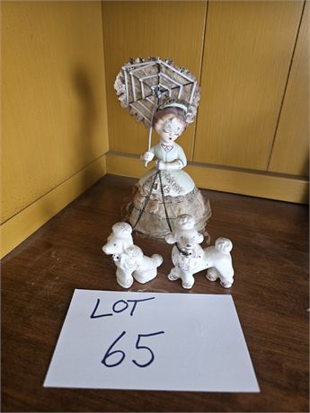 Vintage Japan Lady Parasol Walking Dogs Figurine