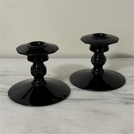 Mid Century Cambridge Black Ebony Glass Candle Holders