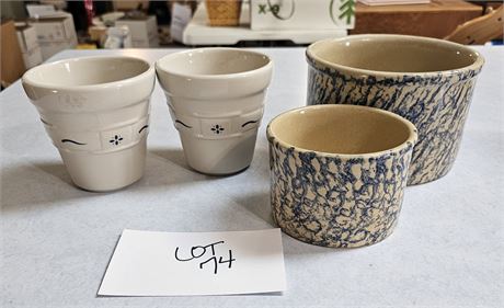 Longaberger Blue Woven Pots & RR Roseville, OH Spatter Crocks Sizes Vary