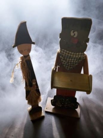 Frankenstein and Witch Wood Folk Art Halloween Figurine Lot of 2