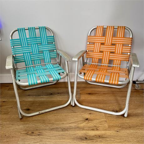 Vintage Child Sized Aluminum Framed Woven Lawn Chairs