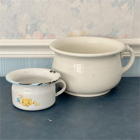 Old Chamber Pots - Antique Ceramic and Child's Enameled