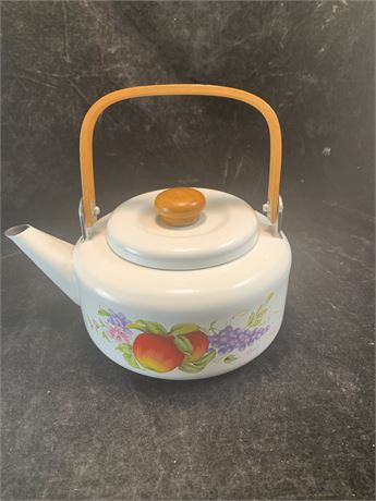 Vintage 80s Enamel Tea Kettle Pot With Bamboo Wood Handle And Fruit Pattern