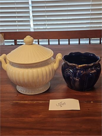 Large Soup Tureen with Lid & Blue&Gold Jardiniere Vase