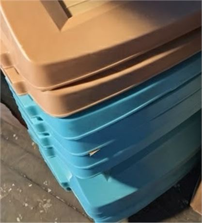 Plastic Trash Can Lid Stack In Teal & Beige Colors