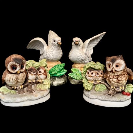 Porcelain Figurines - Homco Owls and Crown Royal Doves