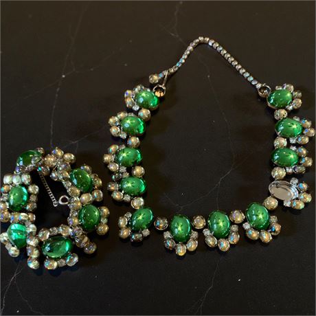 Anna Wintour Style Regency Green & Clear Glass Bead Necklace & Bracelet Set