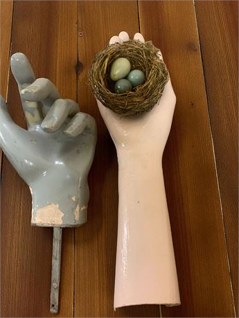 Wall Mount Floating Hand Sculpture & Sculpted Arm With Hand Holding Nest W/Eggs