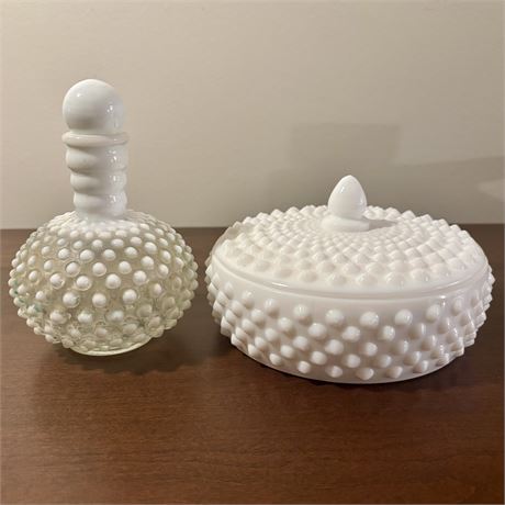 Fenton Hobnail Milk Glass Perfume Bottle and Power Box