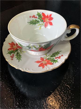 Vintage Inarco Porcelain Poinsettia & Holly Teacup & Saucer Set