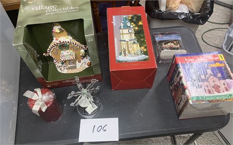 Christmas Village Lot - Gingerbread House, Clock Tower, Porcelain Church