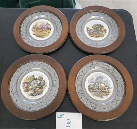 Carson Currier & Ives Ceramic Collector Pewter Plate With Wood Frame