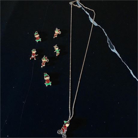 Enamel & Metal Christmas Elf Charm Necklace With Total of 7 Elf Charms & Chain