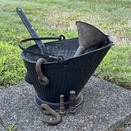 Ash Bucket & Scoop, Brass Nozzles, Cast Iron Hooks, Various Odds and Ends..