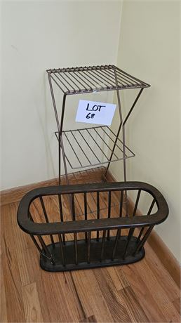 Vintage MCM Wire Shelf & Wood Newspaper Rack