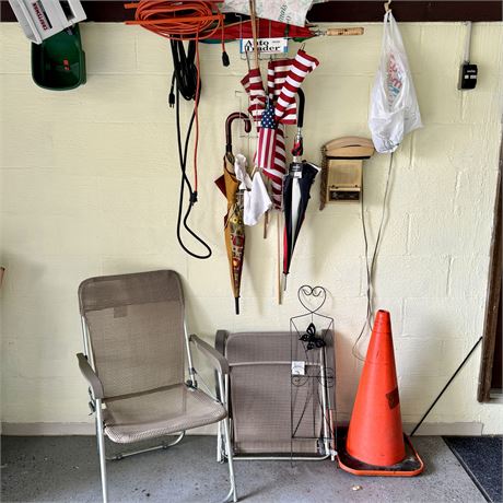 Misc. Garage Cleanout - Folding Chairs, Traffic Cone, Umbrellas & More