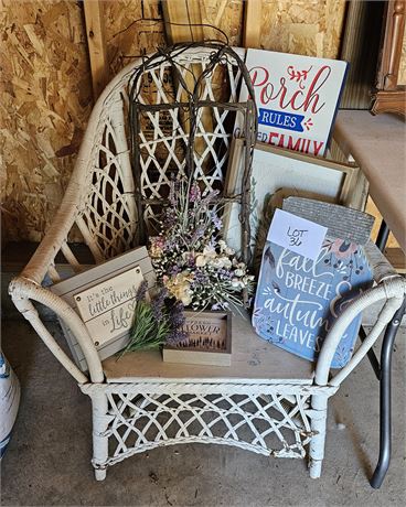 Antique Wicker Chair, Wall Decor, Faux Floral & More