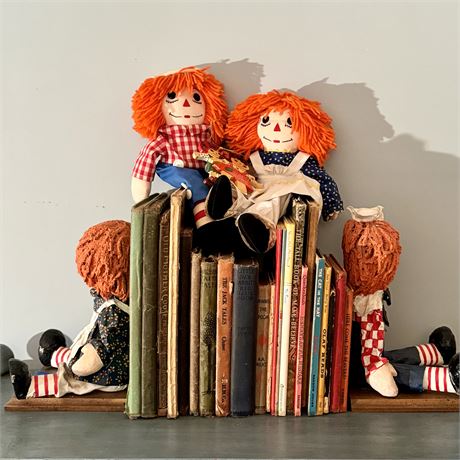 Old Children's Books, Raggedy Ann and Andy Bookends & Plush Dolls Lot