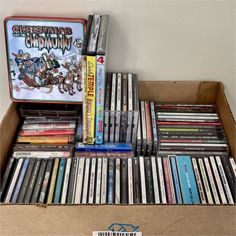 Box of Mixed CDs w/ a Few Cassettes and DVDS